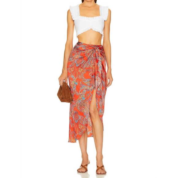 NEW L'AGENCE esa sarong skirt in fire red multi paisley - Picture 4 of 4